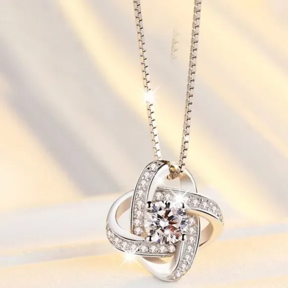 💎0122💎 STERLING SILVER FOREVER LOVE DIAMOND FLOWER KNOT NECKLACE & EARRING SET - Picture 3 of 8